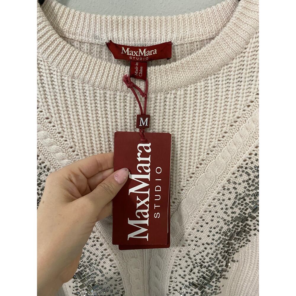 Max Mara Studio Lessy Crystal Embellished Wool Sweater Albino Size M - Picture 3 of 5